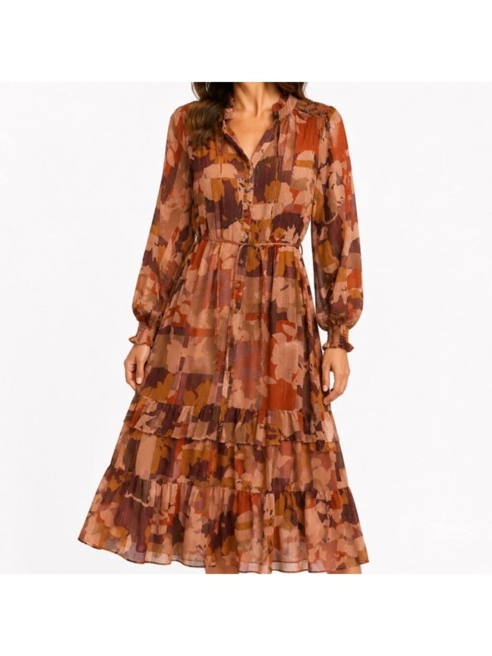 Fate Lydia Midi Dress Floral S Flowy Tiered Chiffon Ruffle Boho Bohemian